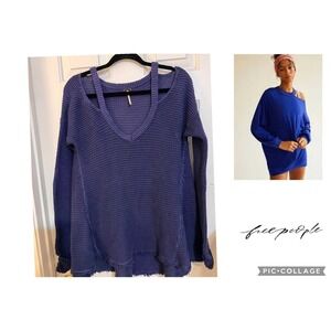 Free People Small Blue Moonshine VNeck Sweater Cotton Cut Out Raw Cut Waffle